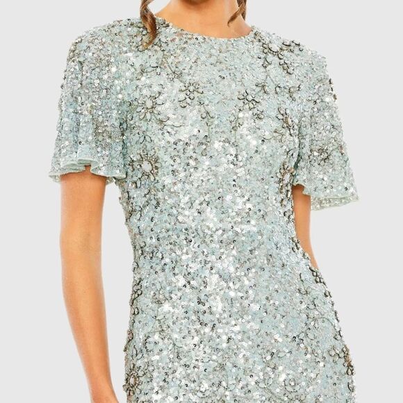 MAC DUGGAL 93932 Blue Flutter Sleeve Sequin High Neck Gown - Picture 3 of 15